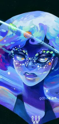 This phone live wallpaper displays an abstract digital artwork of a beautiful female figure with a blue holographic face