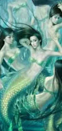 This phone live wallpaper boasts a mesmerizing painting of mermaids underwater