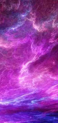 This phone live wallpaper boasts a purple and blue sky over a peaceful body of water, with space art, glowing fractal waves, and distant nebula