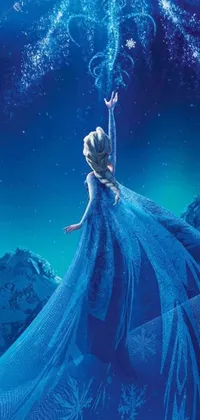 This phone wallpaper showcases a frozen princess standing atop a snow-covered hill, inspired by popular Disney movies