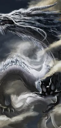 This live phone wallpaper features a stunning white dragon flying through a cloudy sky, with a beautiful charcoal and silver color scheme