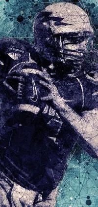 This football-themed phone live wallpaper features a digital rendering of a player holding a ball in a mixed media style illustration