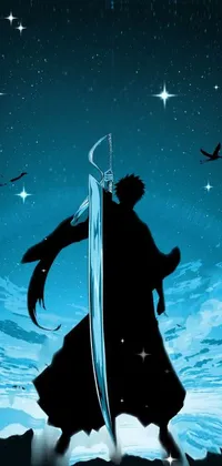 This phone live wallpaper features vector art of a sword-wielding silhouette against a blue cloak background