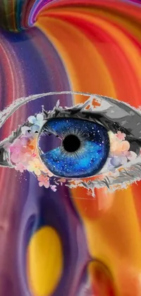 Get lost in a mesmerizing live wallpaper for your phone, featuring a striking close-up of an eye painted in a psychedelic art style