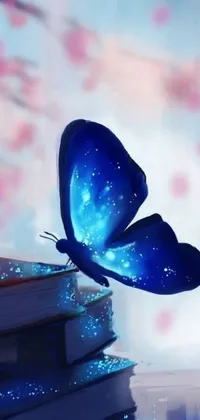 Enjoy this beautiful phone live wallpaper of a digital art image depicting a blue butterfly perched on a stack of books