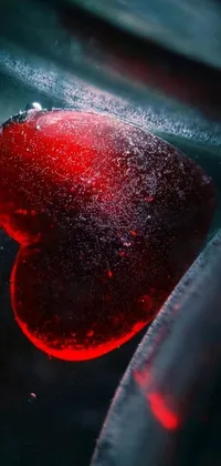 This live wallpaper showcases a beautiful image of a red apple resting on a black surface with a glass-cast heart surrounding it