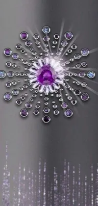 This live phone wallpaper showcases a cell phone adorned with dazzling diamonds and a background of mesmerizing liquid purple metal material