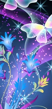 This phone live wallpaper features a mesmerizing scene of colorful butterflies gracefully flying through the sky amid stunning glowing neon flowers