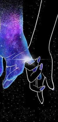 This phone live wallpaper features a stunning space artwork that showcases a beautiful couple holding hands under a breathtaking starry sky