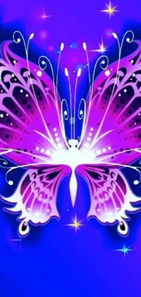 This phone live wallpaper features a stunning butterfly portrayal with big white glowing wings set against a purple digital art background