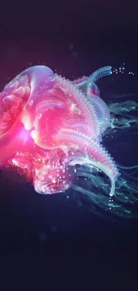 This mobile live wallpaper features a mesmerizing jellyfish in a body of water, complete with a calming blue and pink color scheme