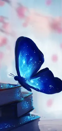 This spellbinding phone live wallpaper showcases a beautiful blue butterfly delicately perched atop a stack of books, crafted using digital techniques on Pixiv