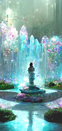 This phone live wallpaper offers a captivating glimpse of a picturesque fountain surrounded by dazzling flowers and gleaming crystals