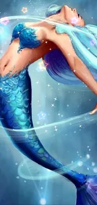 This phone live wallpaper showcases a stunning mermaid in an airbrush painting style with long blue hair and flowing white hair