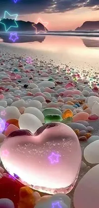 This live wallpaper features a heart-shaped object on a beautiful beach, with gem stones, sea of parfait, and translucent eggs