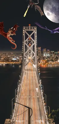 This phone live wallpaper showcases a mythical dragon gracefully gliding over a bridge, underlined by a full moon illuminating the magnificent scenery