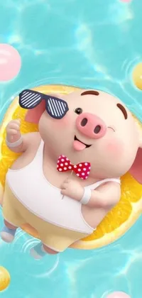 This live wallpaper for your phone features an adorable pig wearing sunglasses and a bow tie, floating in a pool