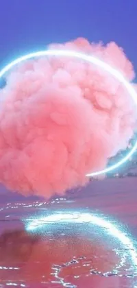 This phone live wallpaper depicts a pink cloud over a peaceful body of water with a mystical smoke grenade effect