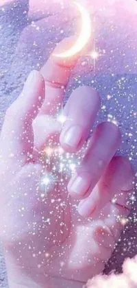 This close-up phone live wallpaper features a hand holding a star and crescent, surrounded by digital potions in bottles
