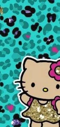 This phone live wallpaper features the iconic Hello Kitty character against a lively leopard print background in bright turquoise shades