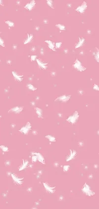 This phone live wallpaper features a captivating pink background adorned with white feathers, stars, and heavenly pink hues