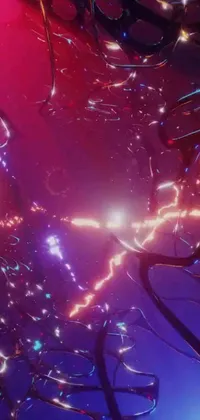 This phone live wallpaper depicts a mesmerizing bunch of interconnected wires set against a colorful lightning cinematic background
