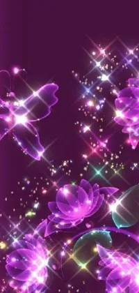 This beautiful phone live wallpaper features a stunning digital art design of purple flowers on a deep purple background