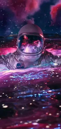 Explore the spellbinding universe with this Purple Aesthetic Space Live Wallpaper featuring an astronaut and cosmic landscape