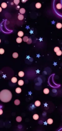 This phone live wallpaper depicts a stunning nighttime sky, featuring a group of sparkling stars and moon in vivid shades of pink and purple against a black background