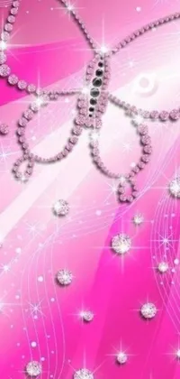 This vibrant phone live wallpaper features a pretty pink backdrop adorned by sparkling diamonds and a colorful butterfly