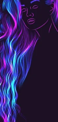 This phone wallpaper boasts a neon and digital art depiction of a girl with long hair, whose mane consists of flames and fire in tones of blue, pink and purple