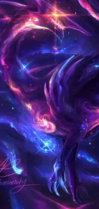This phone live wallpaper depicts a mysterious and majestic purple and blue dragon in flight through space
