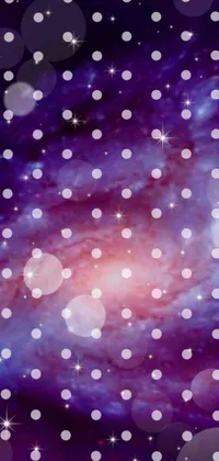 This phone live wallpaper boasts a gorgeous depiction of a galaxy teeming with stars, set against a striking purple background adorned with playful polka dots