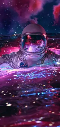 This live wallpaper showcases an out-of-the-world art piece of an astronaut floating in a body of water with vibrant colors and a purple glow