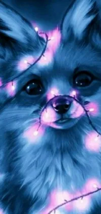 Enjoy a playful and whimsical live wallpaper featuring a furry pink fox with a string of colorful lights wrapped around its neck