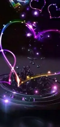 This phone live wallpaper displays a heart-shaped object floating on a body of water, rendered in black and purple hues