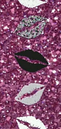 This lively phone wallpaper features close-up shots of various lipsticks with a glitter background