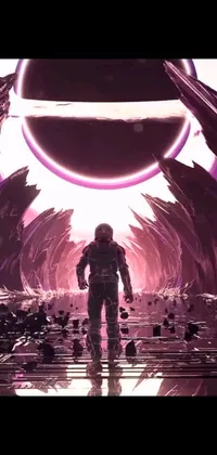 This mesmerizing live wallpaper depicts an astronaut walking through a tunnel in space