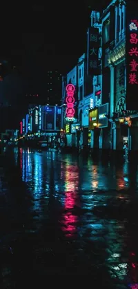 This live phone wallpaper showcases a realistic wet city street at night with neon signs that glow against a beaten and mysterious Shanghai backdrop