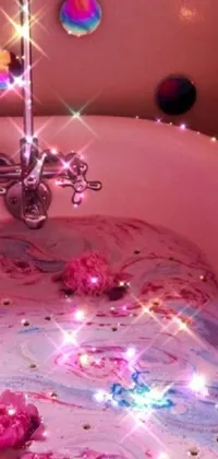 This phone live wallpaper features a delightful bath tub filled with vibrant pink flowers allowing a serene ambiance along with added sparkles and a unique splattered goo effect