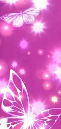 This mobile wallpaper features a close-up image of a hand holding a black cell phone against a magical, whimsical fairy background with soft butterfly lighting and a cute cutie mark in the corner
