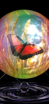 Looking for a stunning phone live wallpaper that adds color and charm to your screen? Look no further than this vibrant digital art image featuring a beautiful red butterfly resting on a glass ball