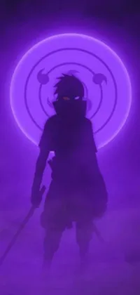 This phone live wallpaper features a striking image of a person standing in front of a glowing purple light against a dark background, with a black sun and purple eclipse at its center