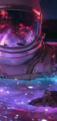 This phone live wallpaper is an excellent choice for space enthusiasts, featuring an astronaut floating in a body of water amidst a red and purple nebula