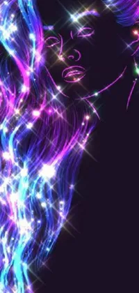 This dazzling phone live wallpaper showcases a glowing digital artwork of a woman with hair flowing beautifully as it's adorned with shimmering lights and iridescent accents