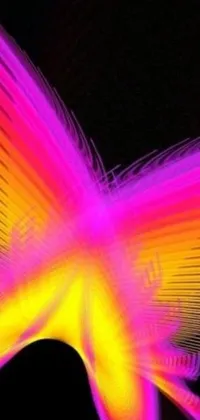 This phone live wallpaper features a blurry butterfly image on a black background, with psychedelic sunset colors and abstract shapes resembling wings and flames