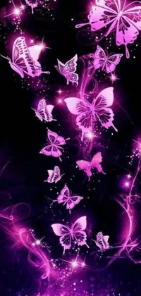 This delightful phone live wallpaper features a stunning digital art of purple butterflies against a black background, illuminated by pink neon lights