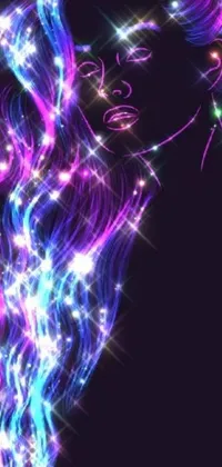 This phone live wallpaper features a stunning electric woman with long hair glowing with iridescent accents amidst a purple and blue colored background