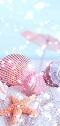 This stunning phone live wallpaper depicts seashells and starfish on a sandy beach