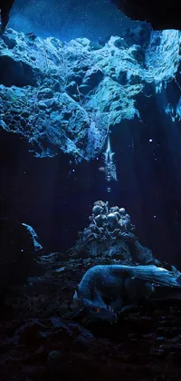 This phone live wallpaper shows a stunning image of a cave filled with crystal-clear water, neon coral, and a white xenomorph statue